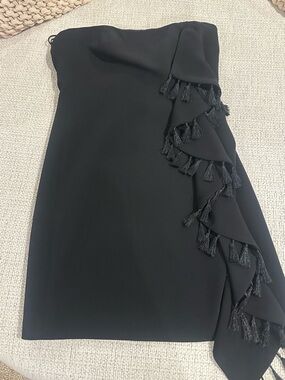cinq a sept Black Strapless Tassel-Trim Cocktail Dress
